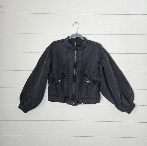 Free People Black Poet Bishop Sleeve Cotton Linen Jacket Size S - Picture 4 of 8